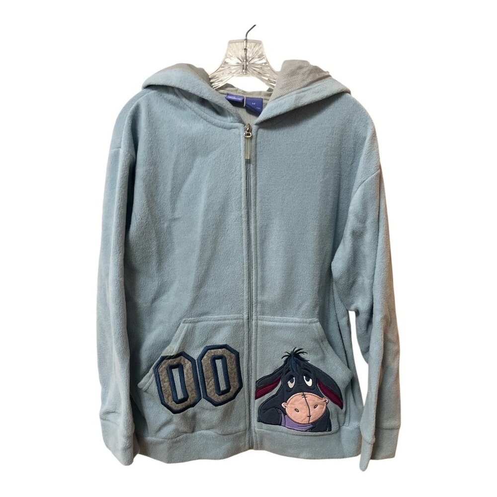 Vintage Disney Eeyore Zip-Up Fleece Hoodie OO Patch Light Blue Size M